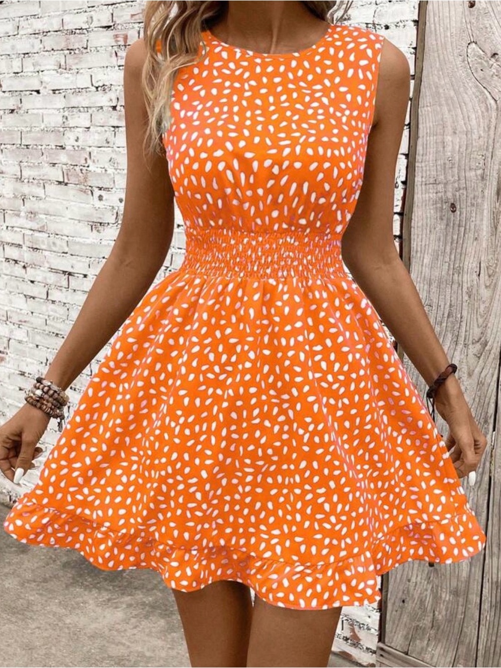 SHEIN Orange & White Sleeveless Smocked Waist Mini Dress